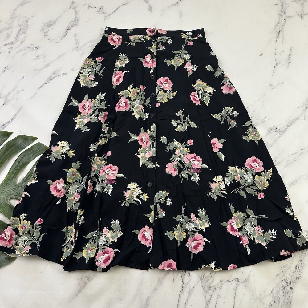 Michael Taylor Womens Vintage 90s Midi Skirt Size L Black Pink Floral Buttons